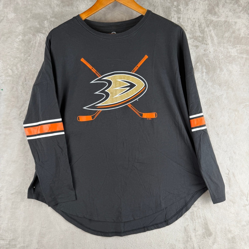 NHL Anaheim Ducks Womens Long Sleeve Graphic‎ T-Shirt Charcoal Grey Large 12/14